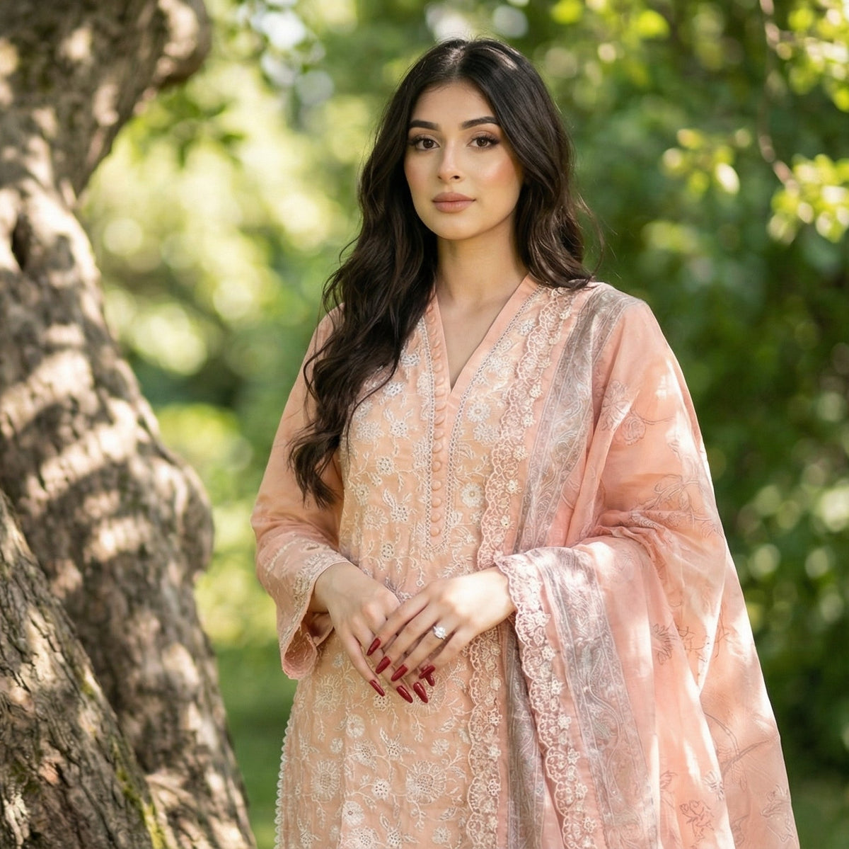 Romantic Peach: Embroidered 3-Piece Cotton Lawn