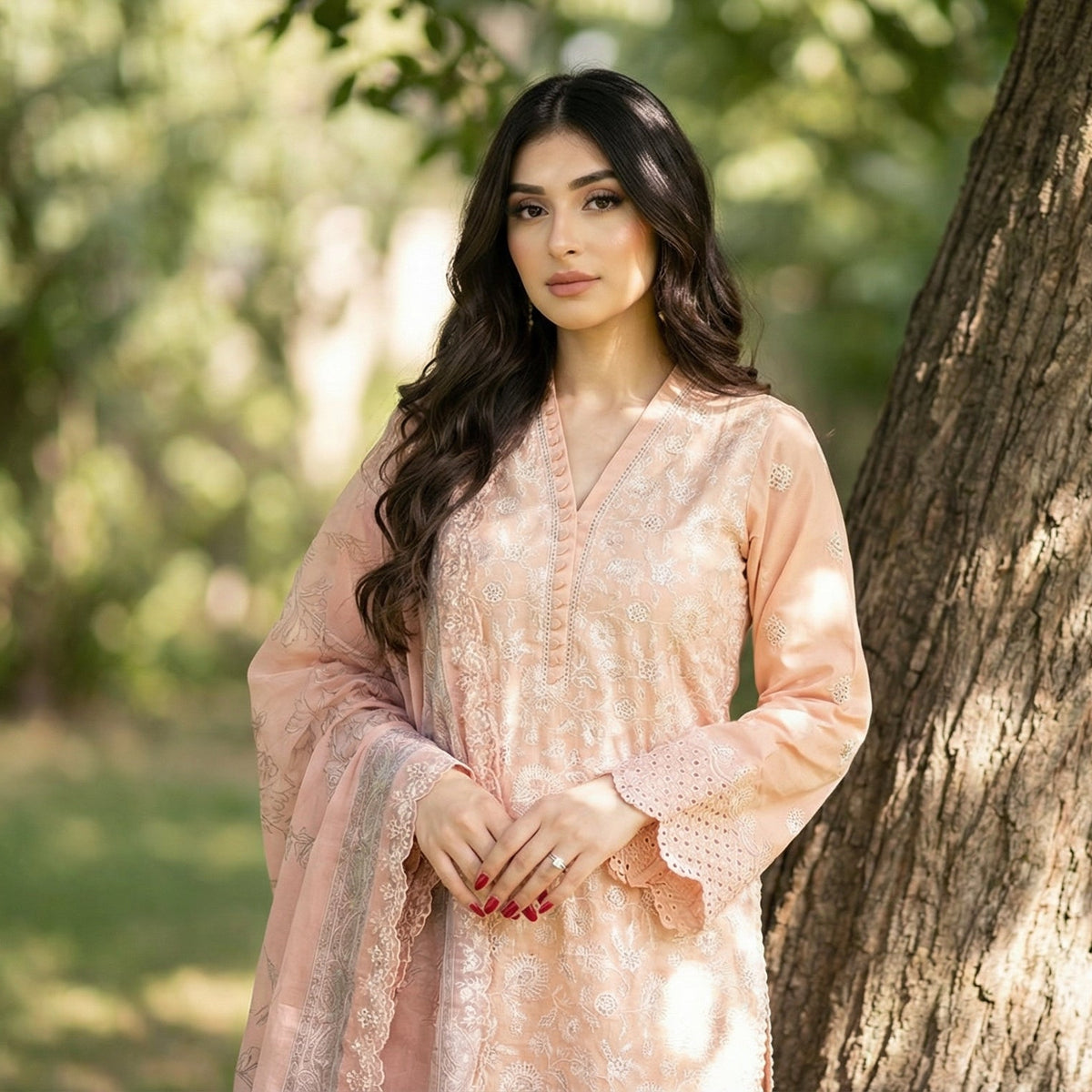 Romantic Peach: Embroidered 3-Piece Cotton Lawn