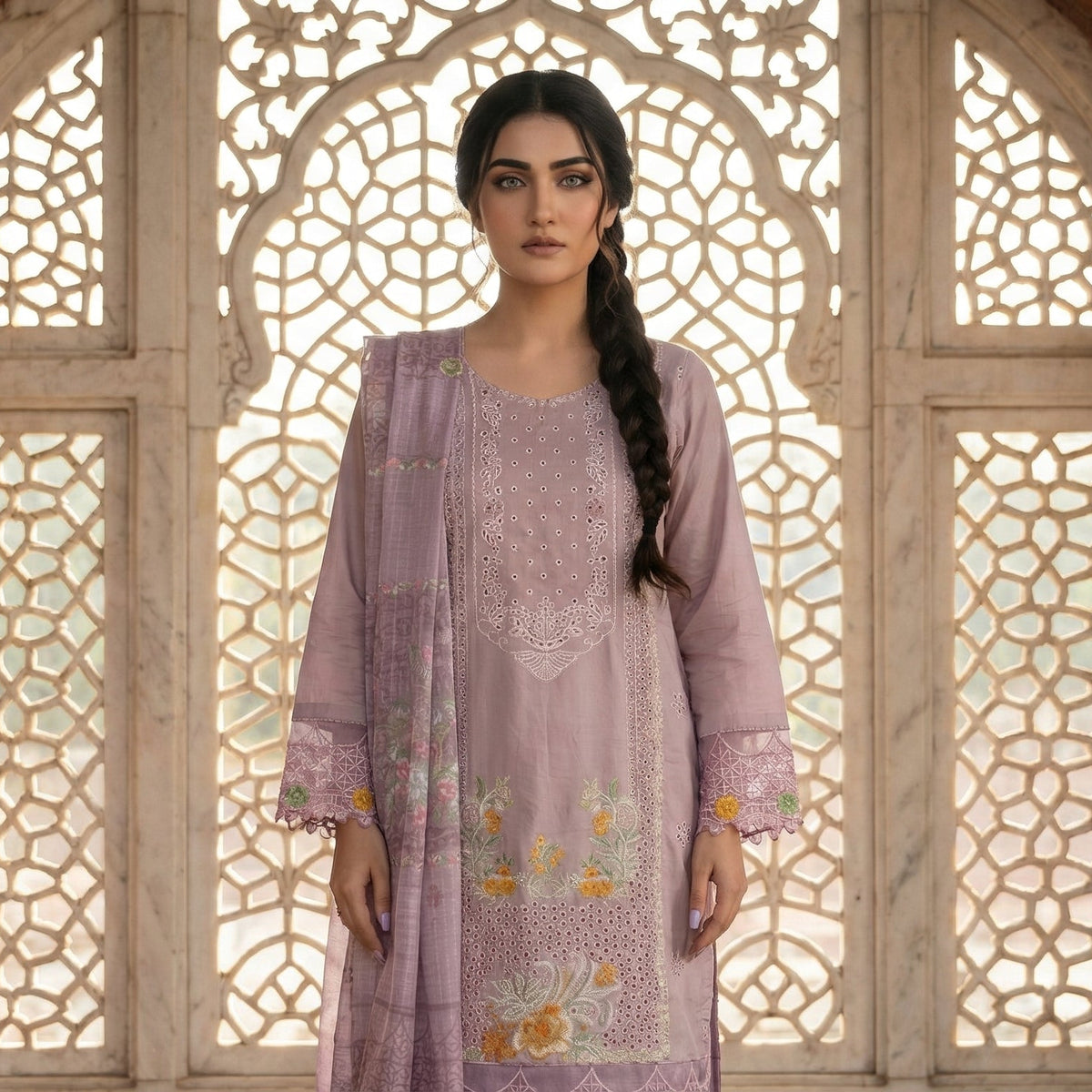 Dusky Rose: Embroidered 3-Piece Cotton Lawn