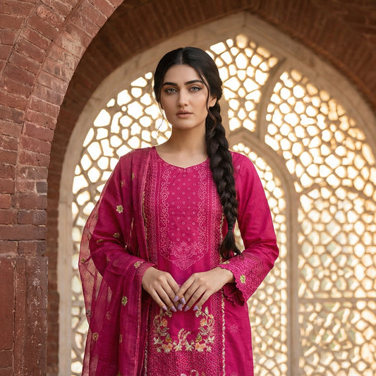 Fuchsia Paradise: Embroidered 3-Piece Cotton Lawn
