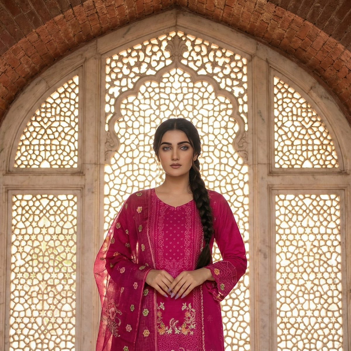 Fuchsia Paradise: Embroidered 3-Piece Cotton Lawn