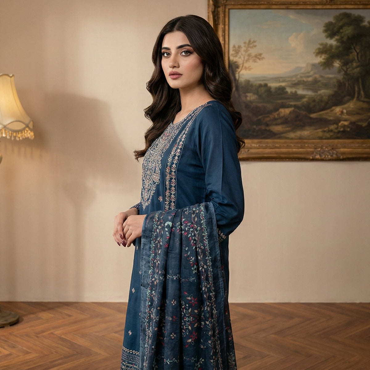 Deep Sapphire: Embroidered 3-Piece Cotton Lawn