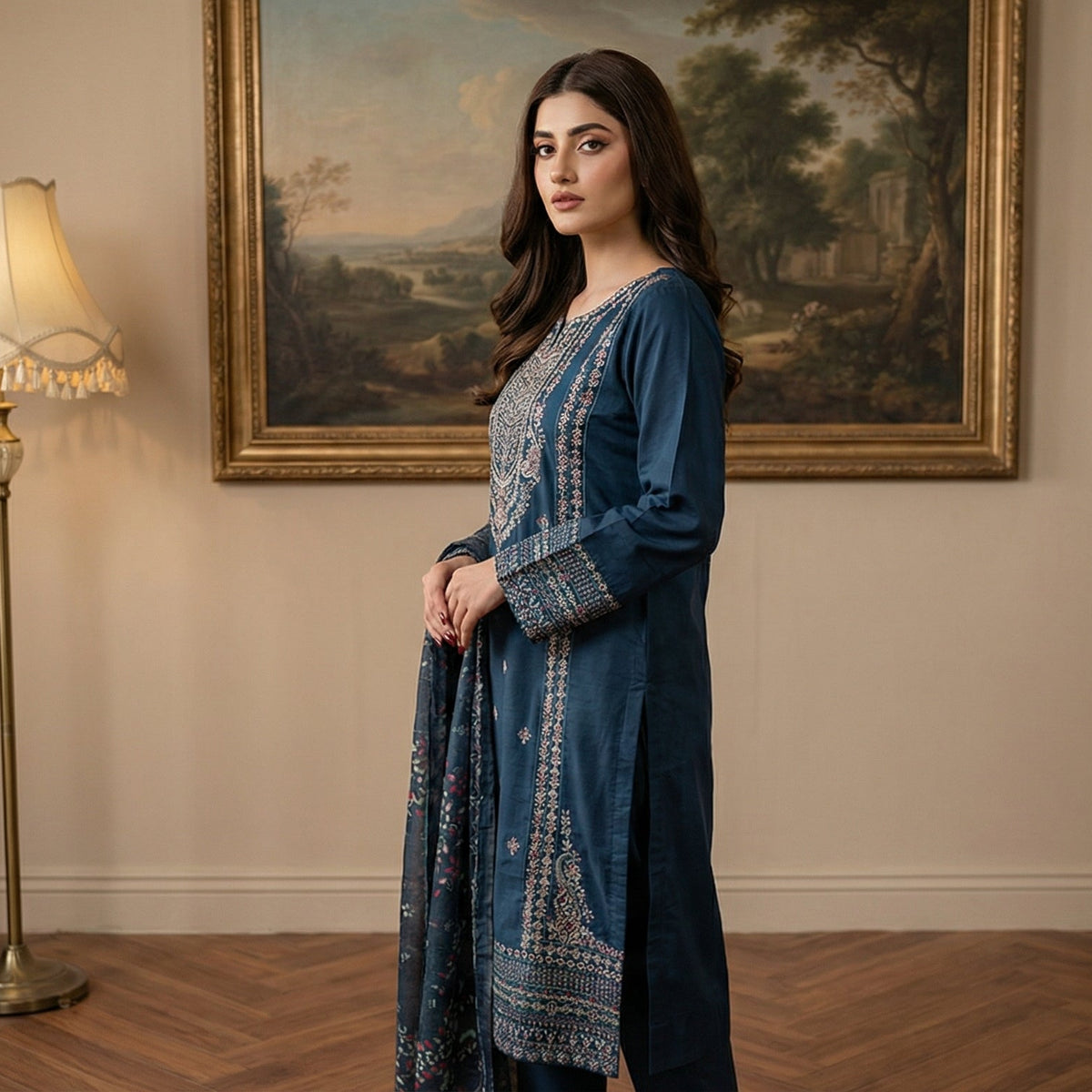 Deep Sapphire: Embroidered 3-Piece Cotton Lawn