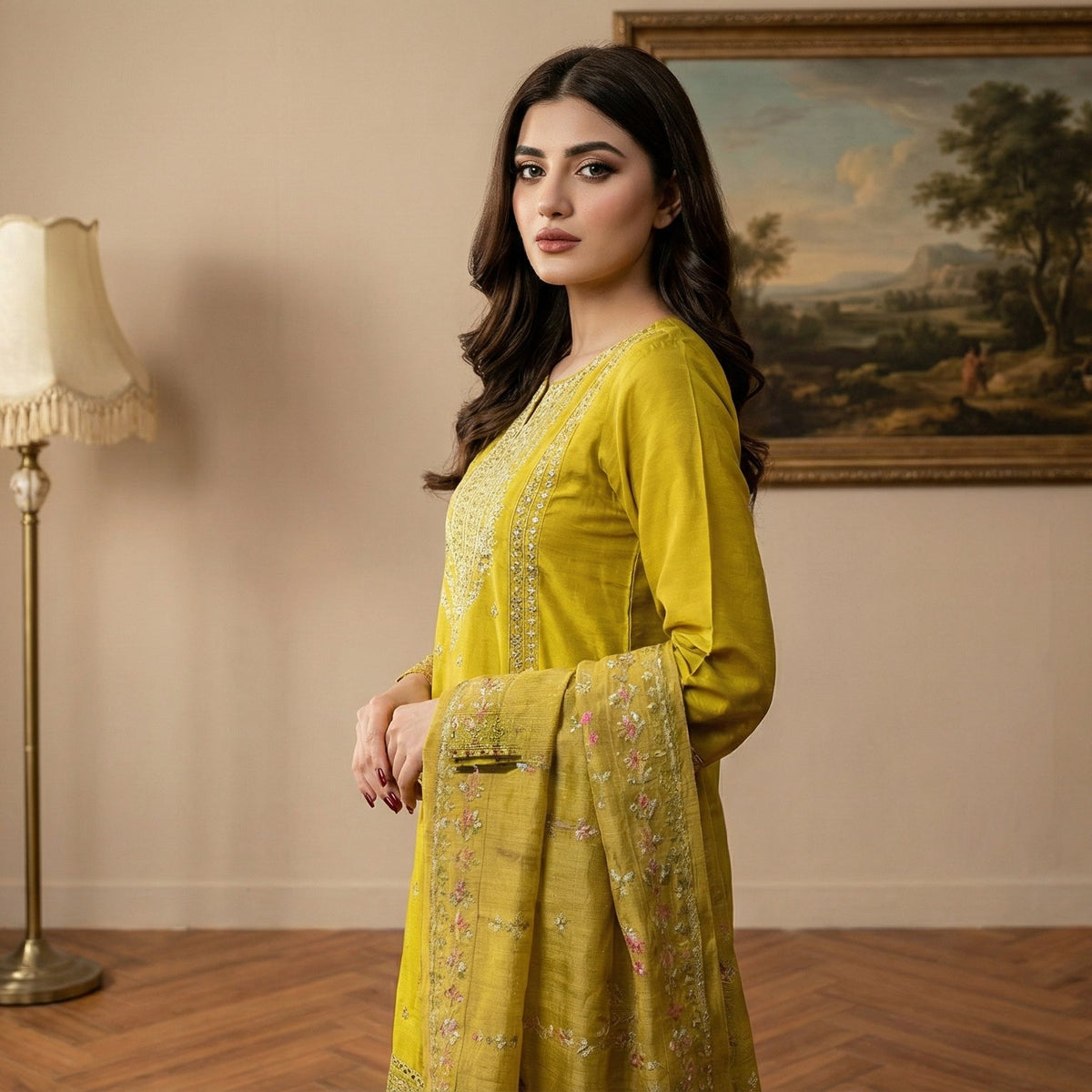 Radiant Olive: Embroidered 3-Piece Cotton Lawn