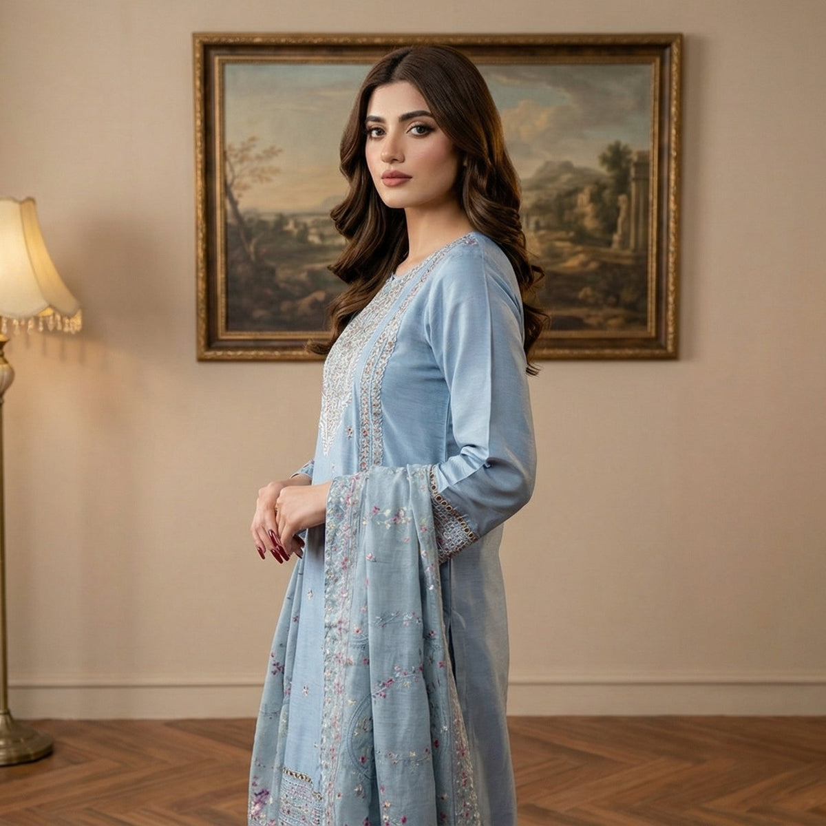 Cerulean Mist: Embroidered 3-Piece Cotton Lawn
