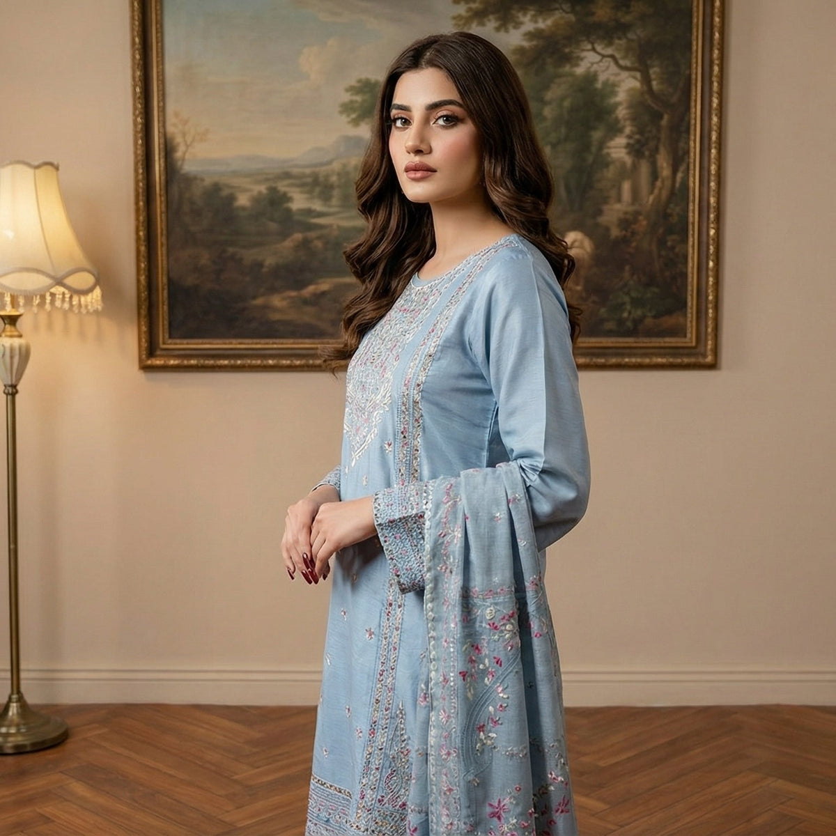 Cerulean Mist: Embroidered 3-Piece Cotton Lawn