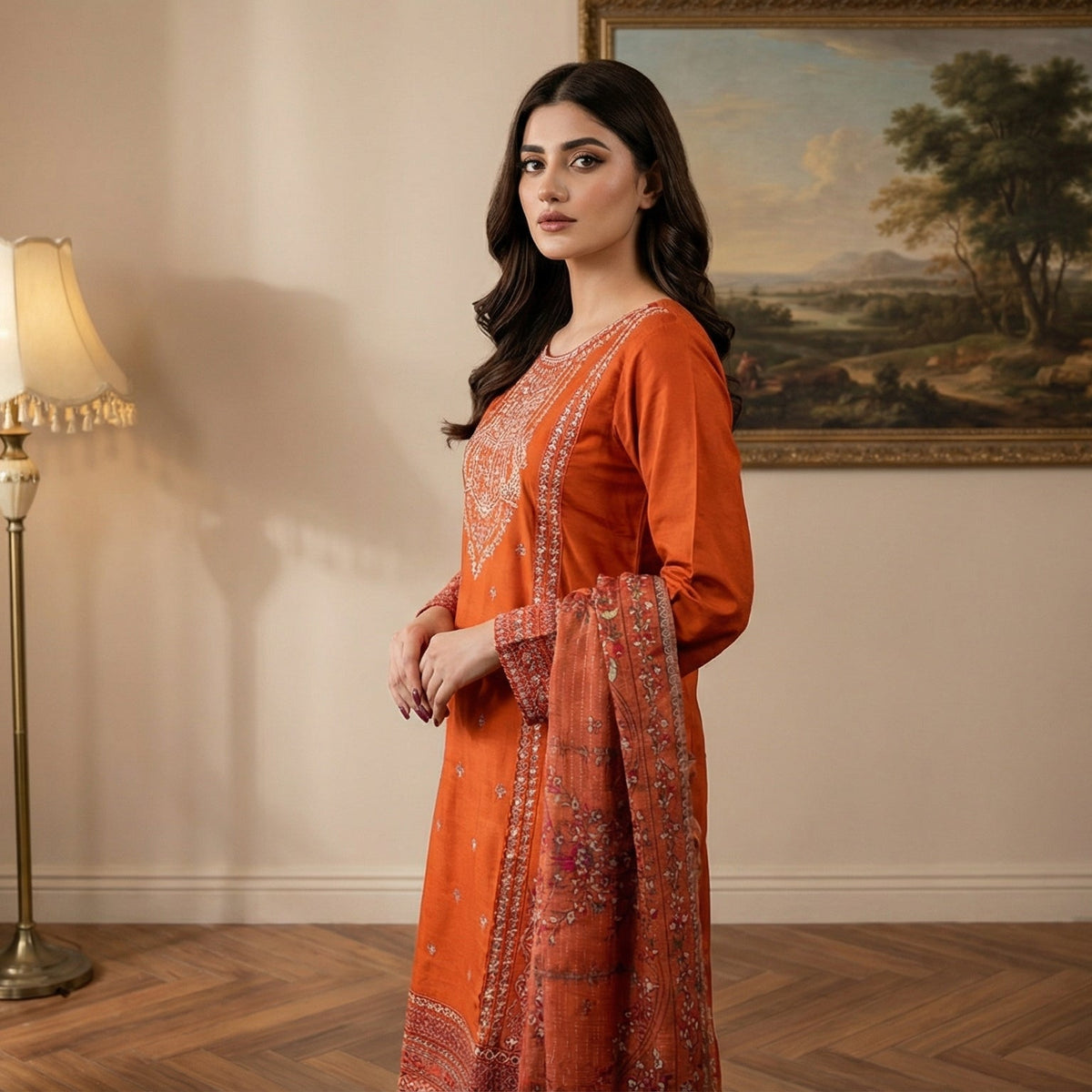 Terracotta Sunset: Embroidered 3-Piece Cotton Lawn