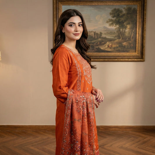 Terracotta Sunset: Embroidered 3-Piece Cotton Lawn