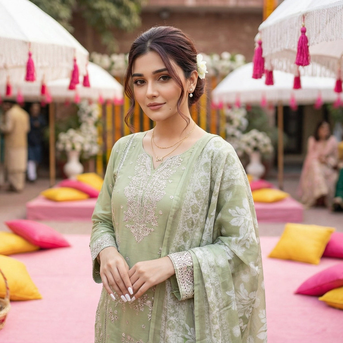 Celadon Shadow: Embroidered 3-Piece Cotton Lawn
