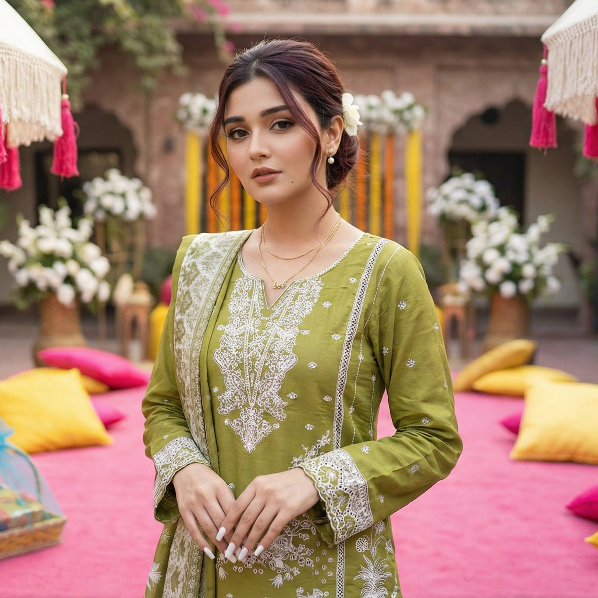 Agave Shade: Embroidered 3-Piece Cotton Lawn