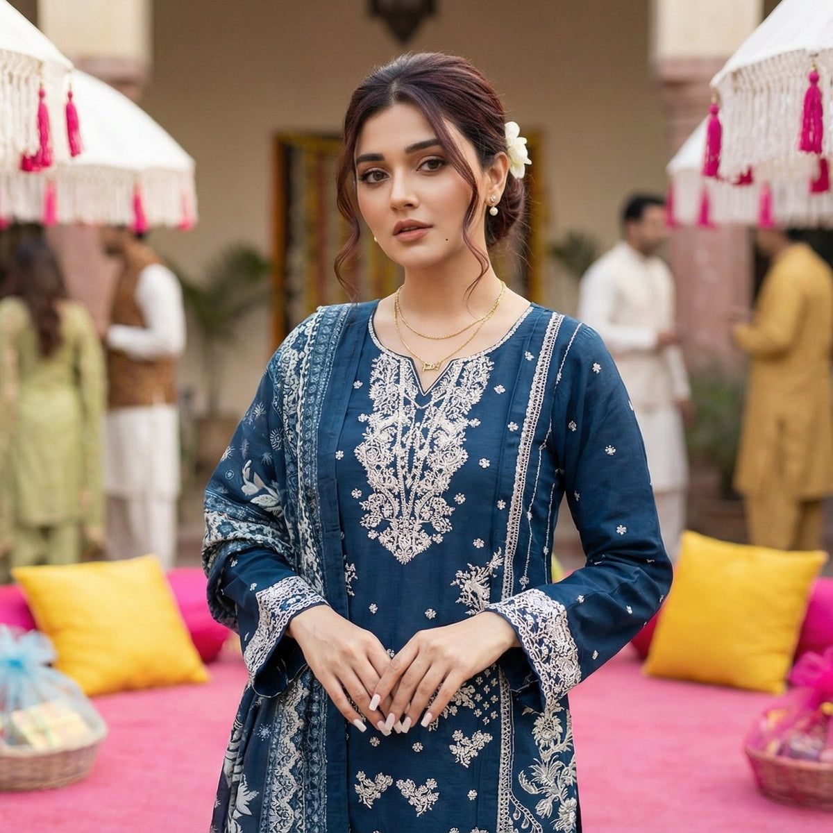 Twilight Indigo: Embroidered 3-Piece Cotton Lawn