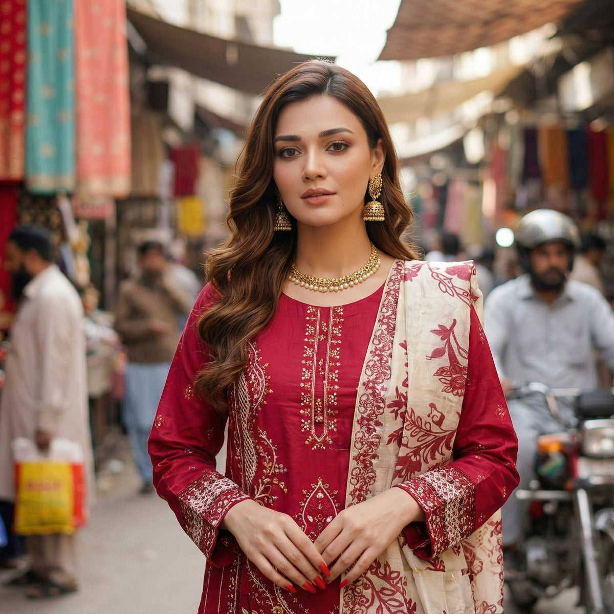 Scarlet Charm: Embroidered 3-Piece Cotton Lawn