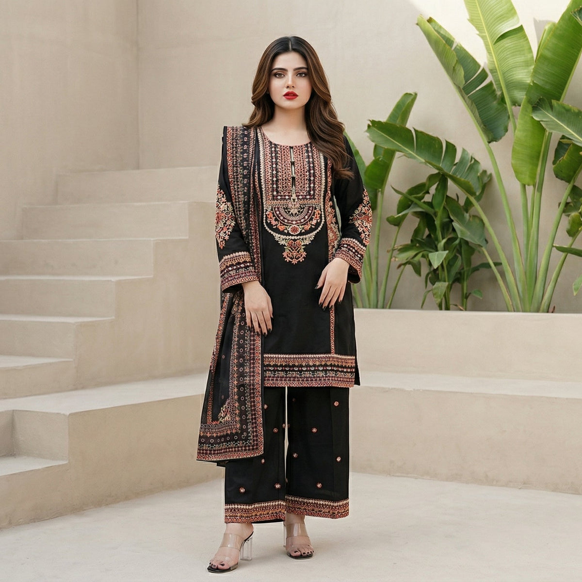 Midnight Garden: Embroidered 3-Piece Cotton Lawn