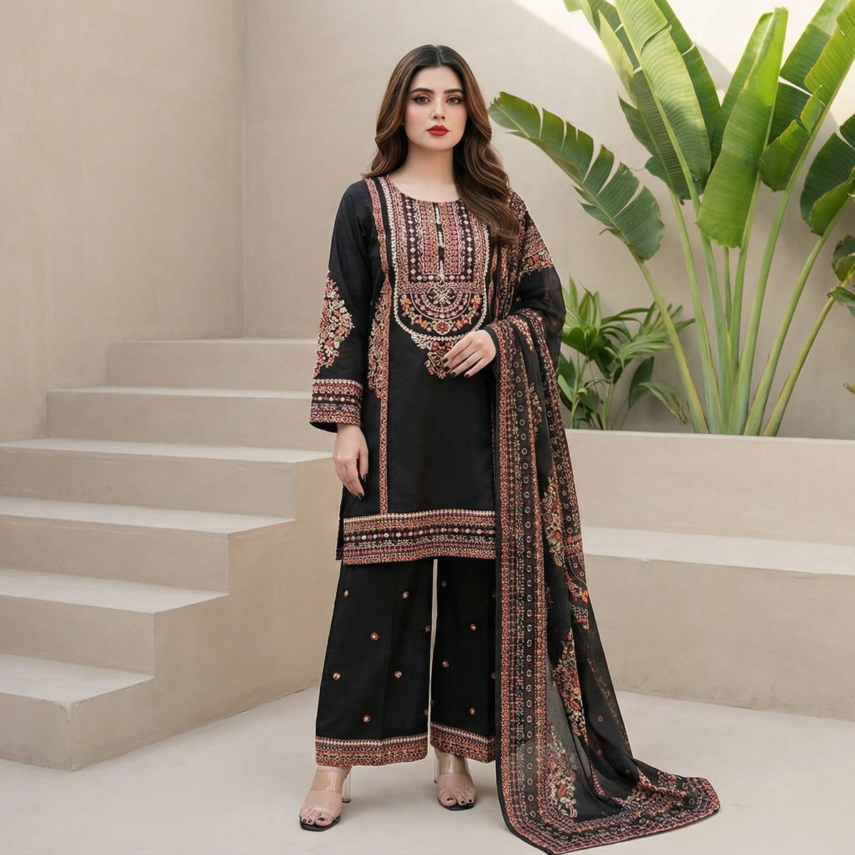 Midnight Garden: Embroidered 3-Piece Cotton Lawn