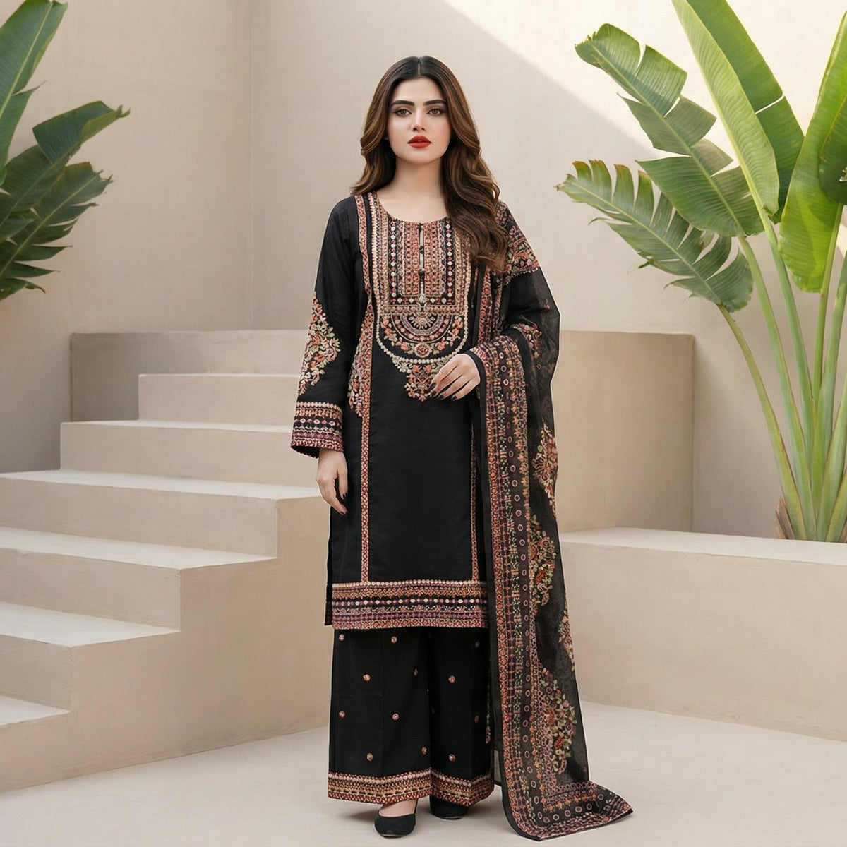 Midnight Garden: Embroidered 3-Piece Cotton Lawn