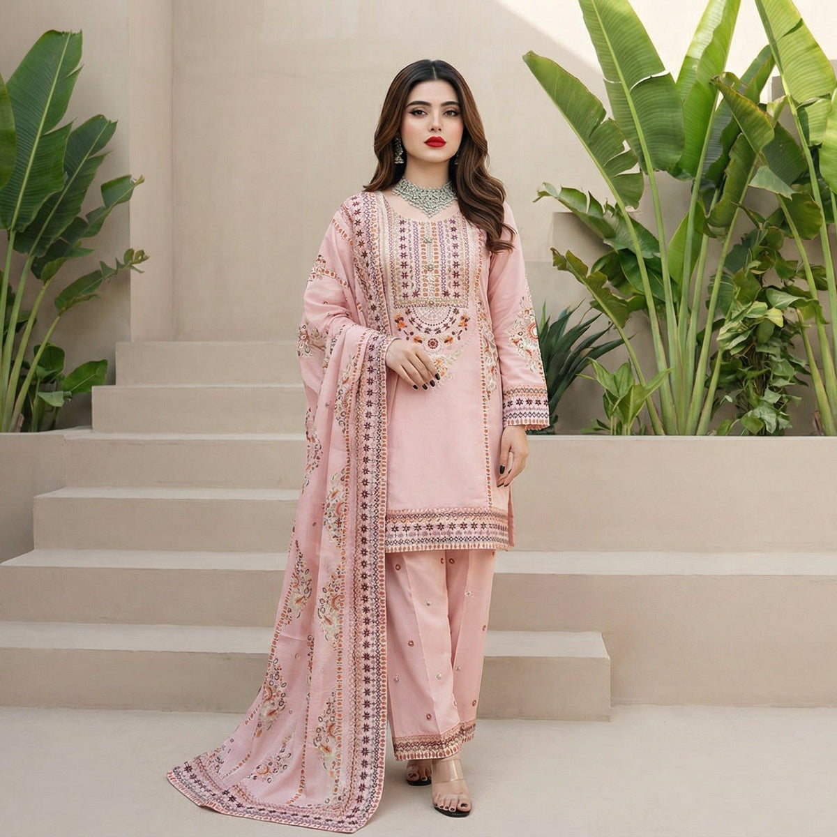 Blush Blossom: Embroidered 3-Piece Cotton Lawn