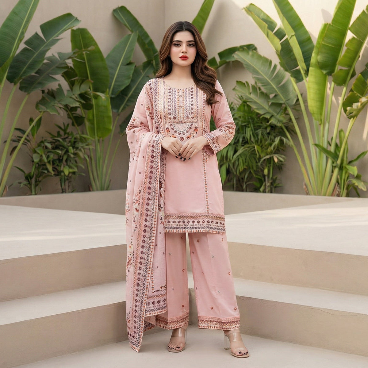 Blush Blossom: Embroidered 3-Piece Cotton Lawn
