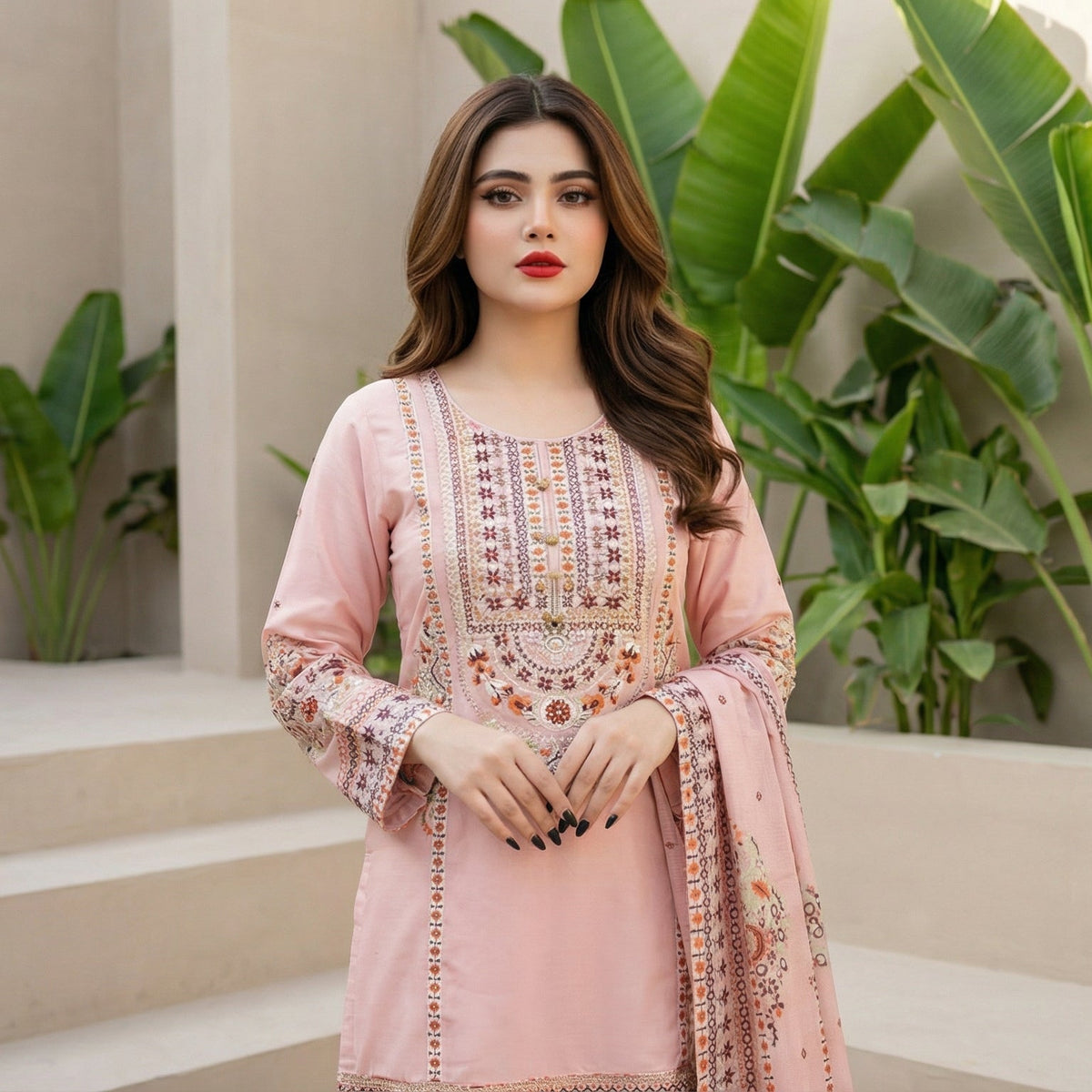 Blush Blossom: Embroidered 3-Piece Cotton Lawn