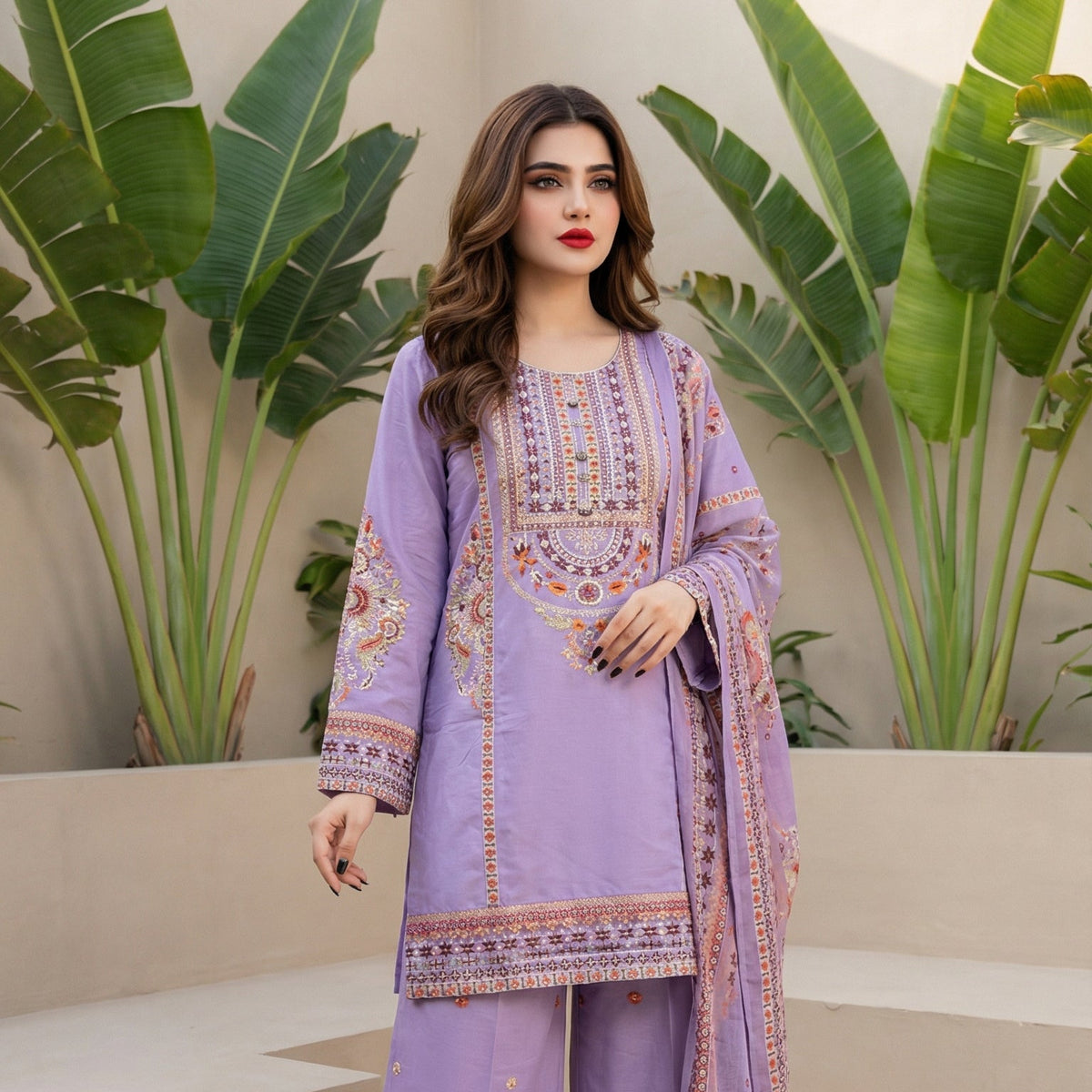 Lavender Harmony: Embroidered 3-Piece Cotton Lawn