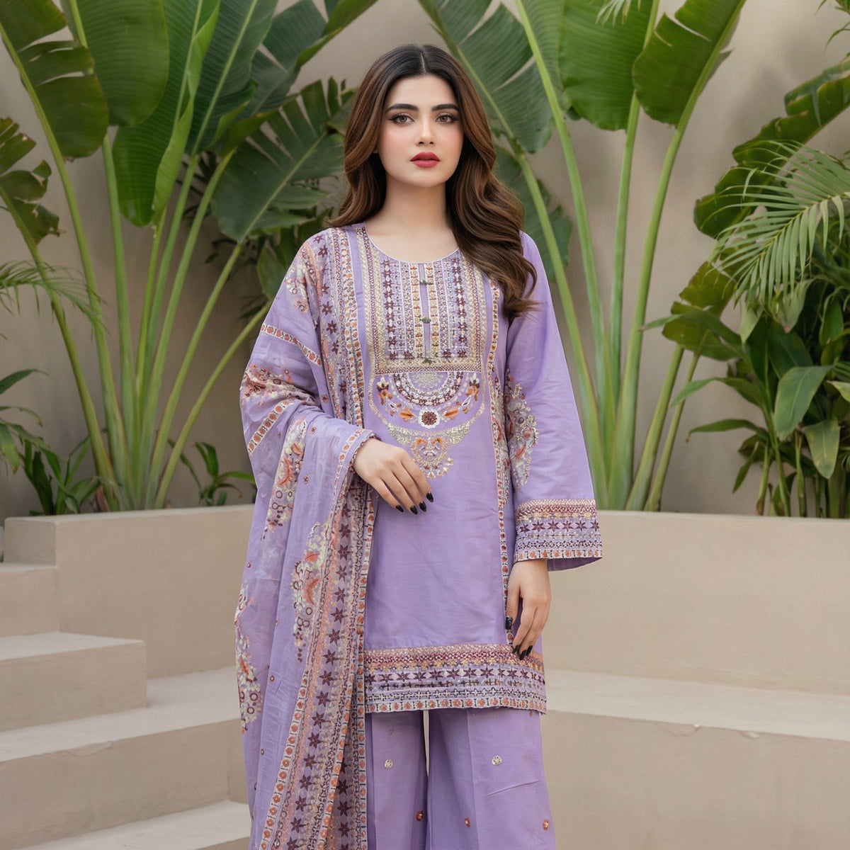 Lavender Harmony: Embroidered 3-Piece Cotton Lawn