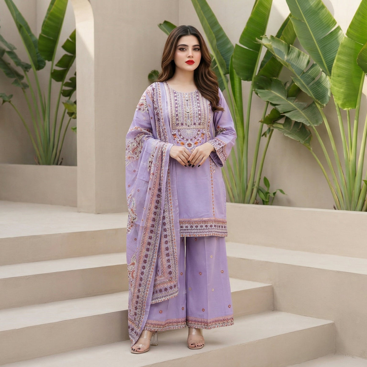 Lavender Harmony: Embroidered 3-Piece Cotton Lawn