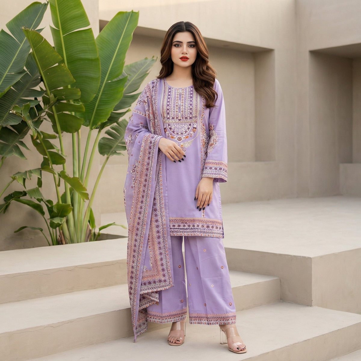 Lavender Harmony: Embroidered 3-Piece Cotton Lawn