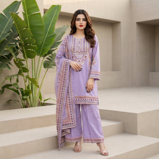 Lavender Harmony: Embroidered 3-Piece Cotton Lawn