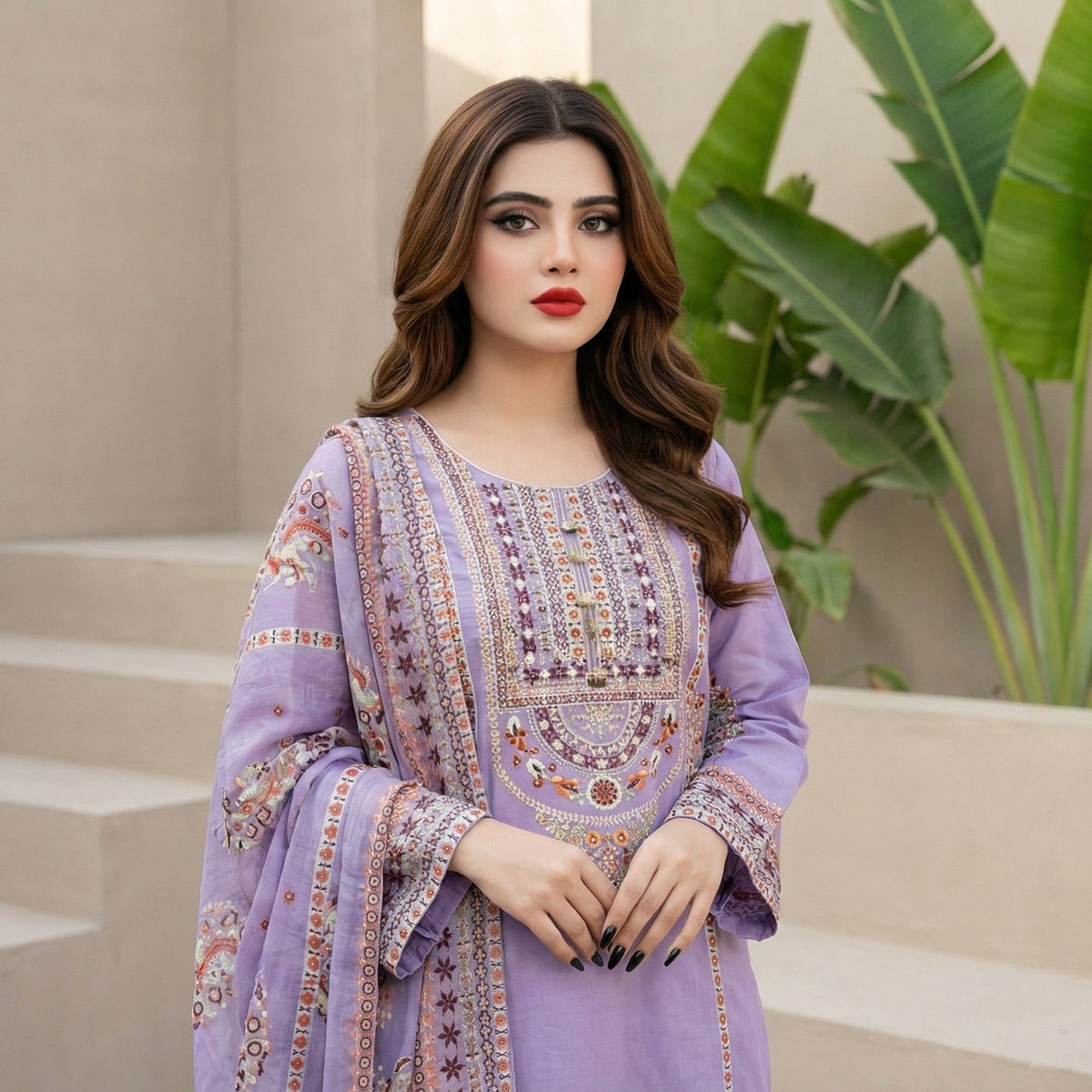 Lavender Harmony: Embroidered 3-Piece Cotton Lawn