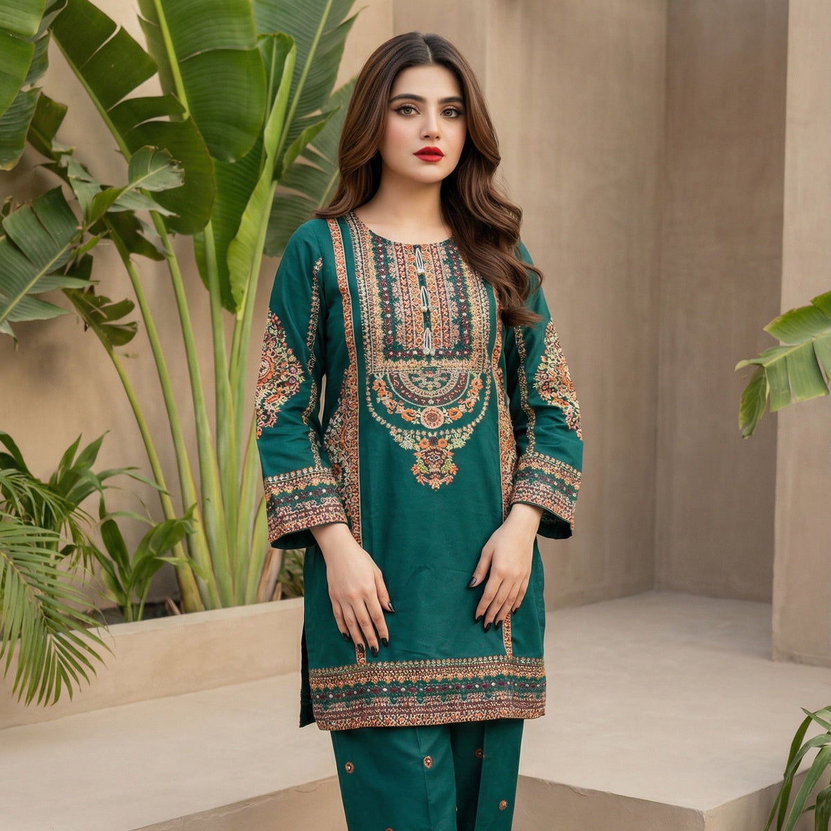 Emerald Tide: Embroidered 3-Piece Cotton Lawn
