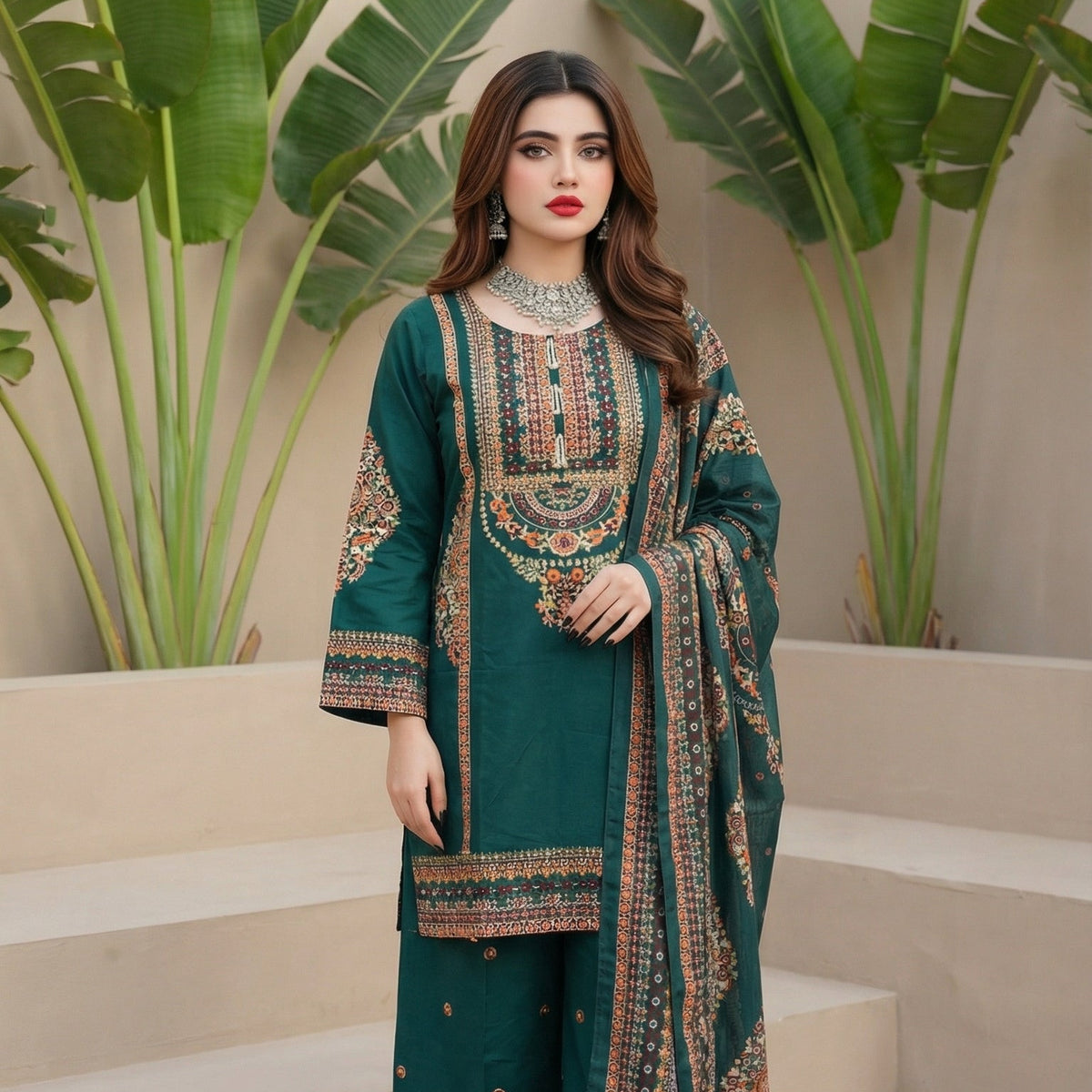 Emerald Tide: Embroidered 3-Piece Cotton Lawn