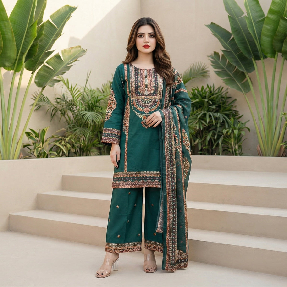 Emerald Tide: Embroidered 3-Piece Cotton Lawn