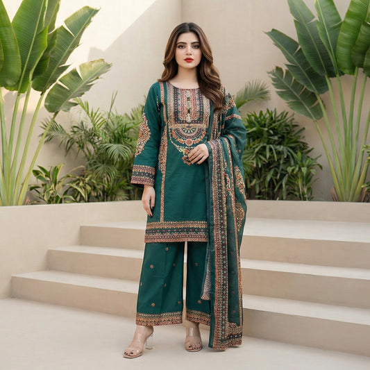 Emerald Tide: Embroidered 3-Piece Cotton Lawn