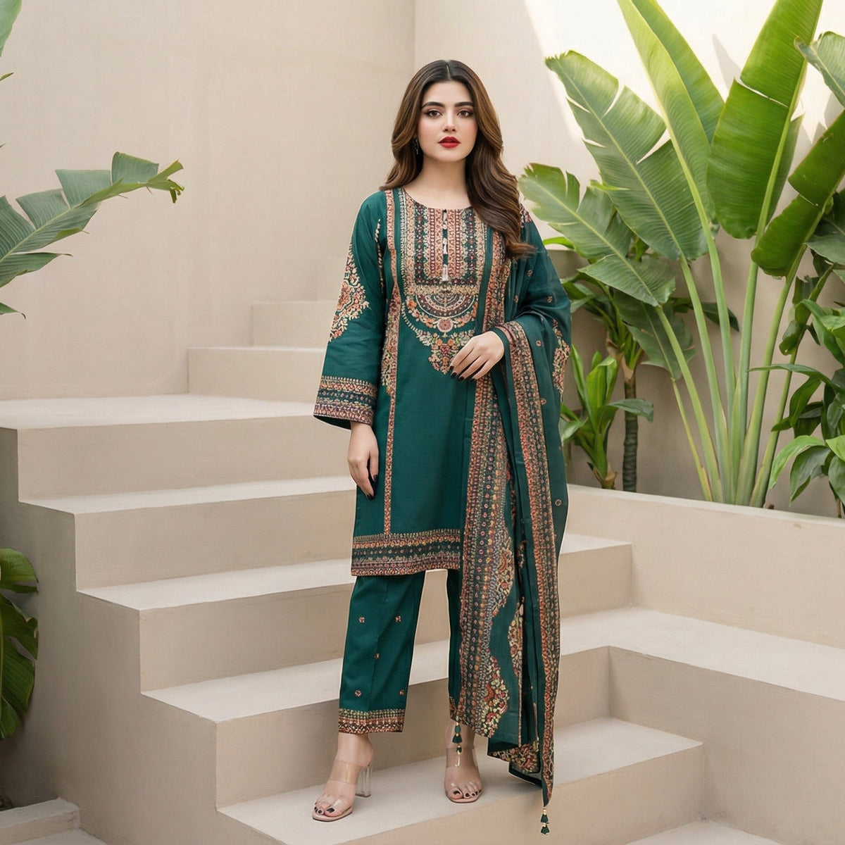 Emerald Tide: Embroidered 3-Piece Cotton Lawn