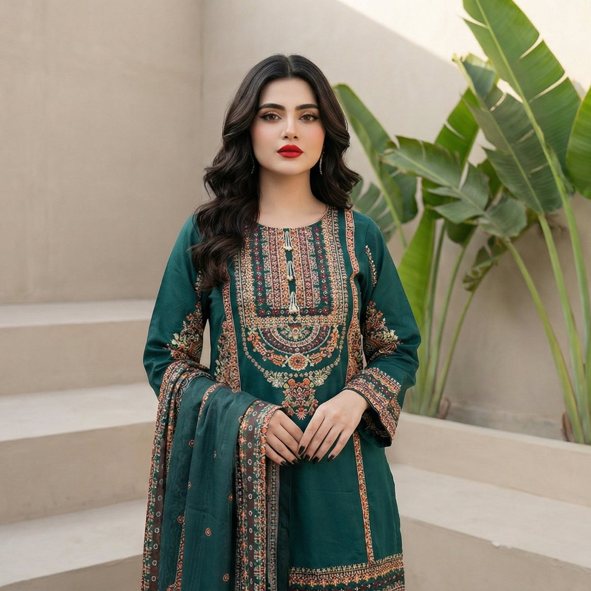 Emerald Tide: Embroidered 3-Piece Cotton Lawn