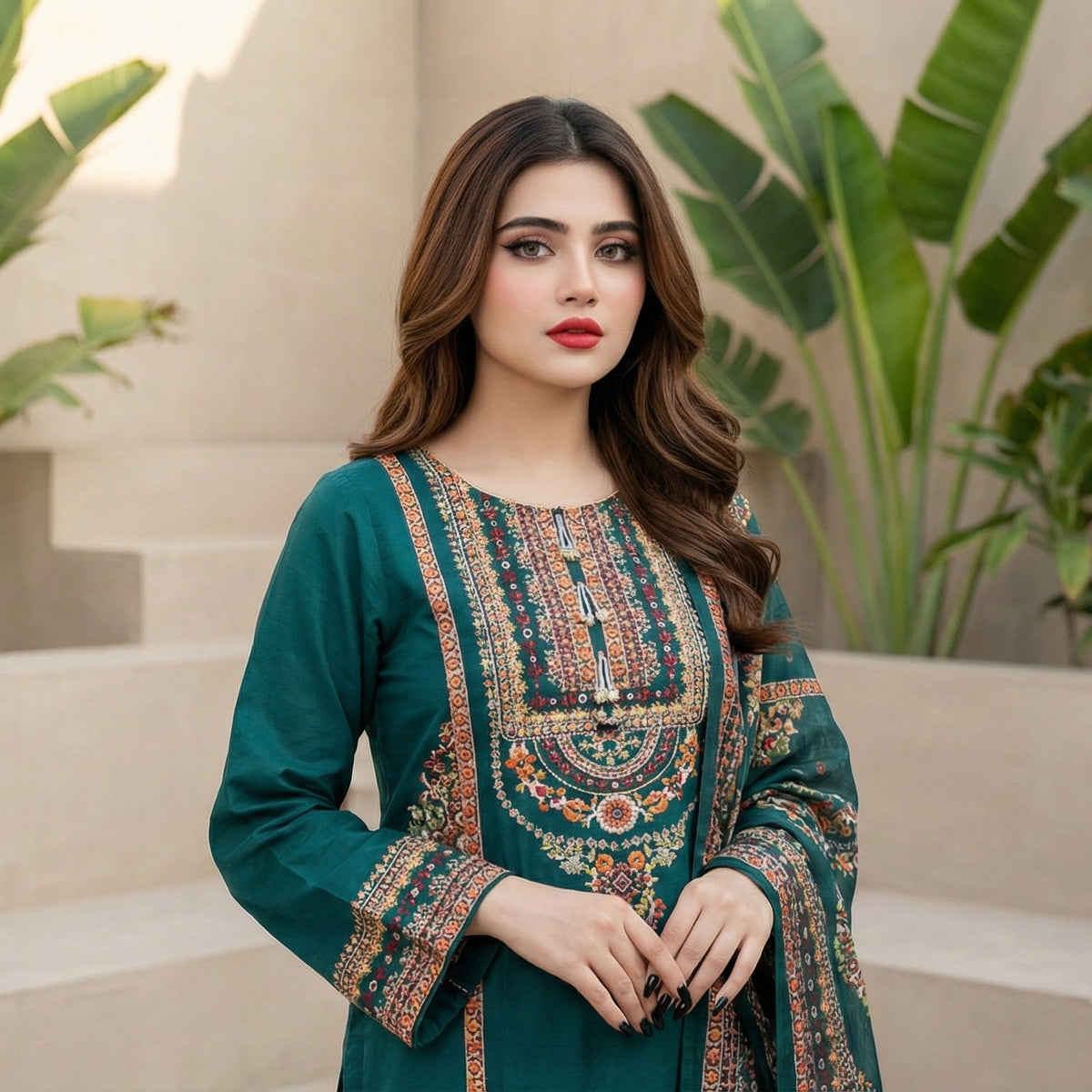 Emerald Tide: Embroidered 3-Piece Cotton Lawn