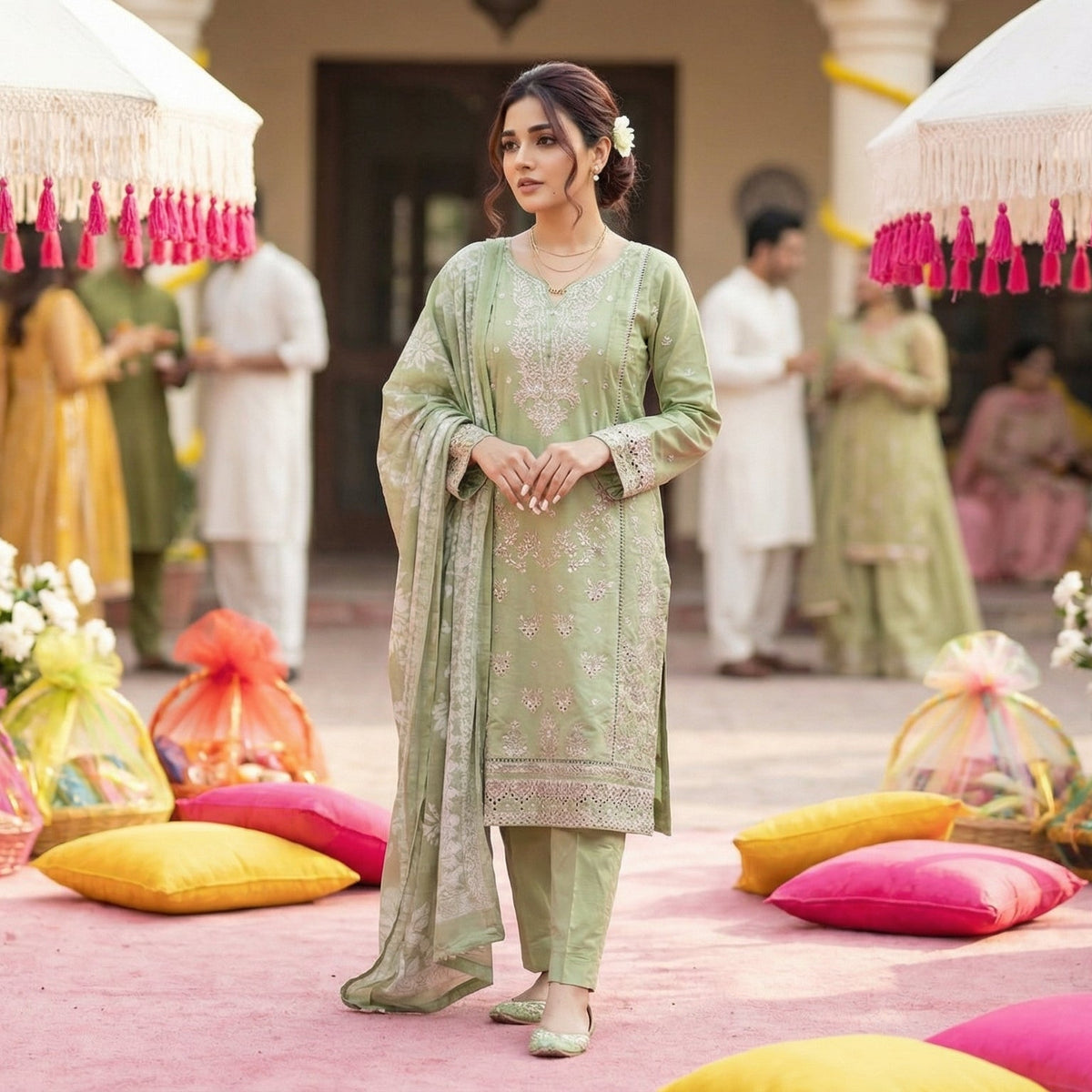 Celadon Shadow: Embroidered 3-Piece Cotton Lawn