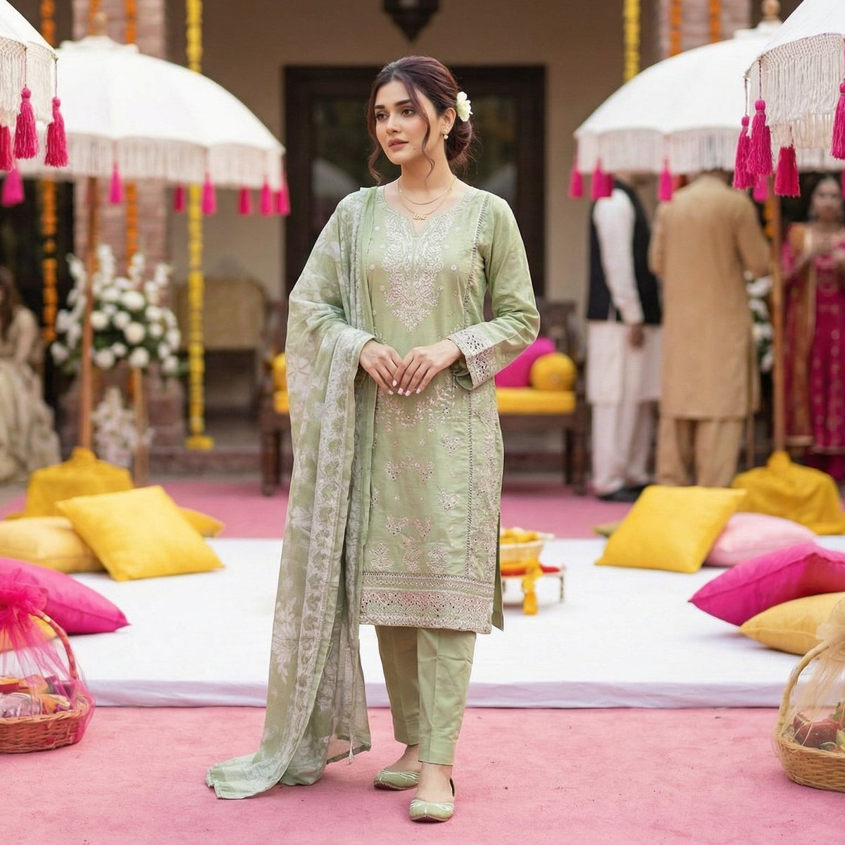 Celadon Shadow: Embroidered 3-Piece Cotton Lawn