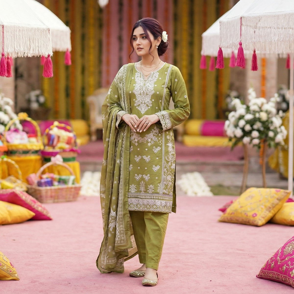 Agave Shade: Embroidered 3-Piece Cotton Lawn