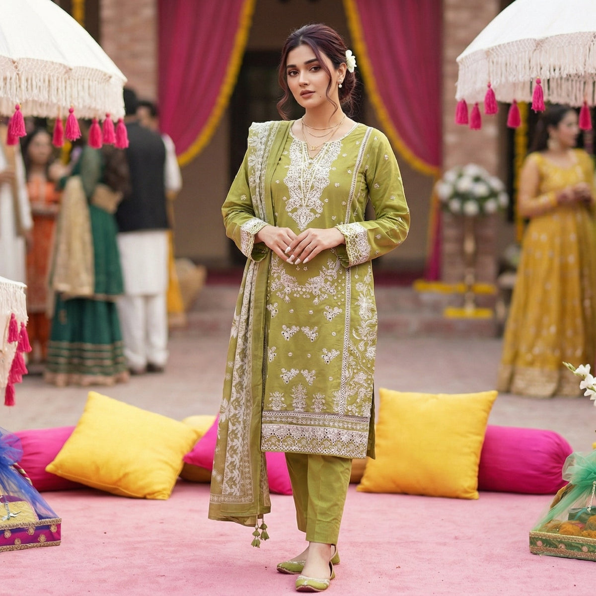 Agave Shade: Embroidered 3-Piece Cotton Lawn