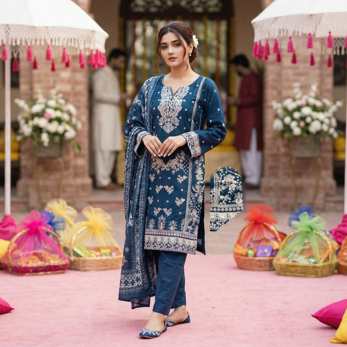 Twilight Indigo: Embroidered 3-Piece Cotton Lawn