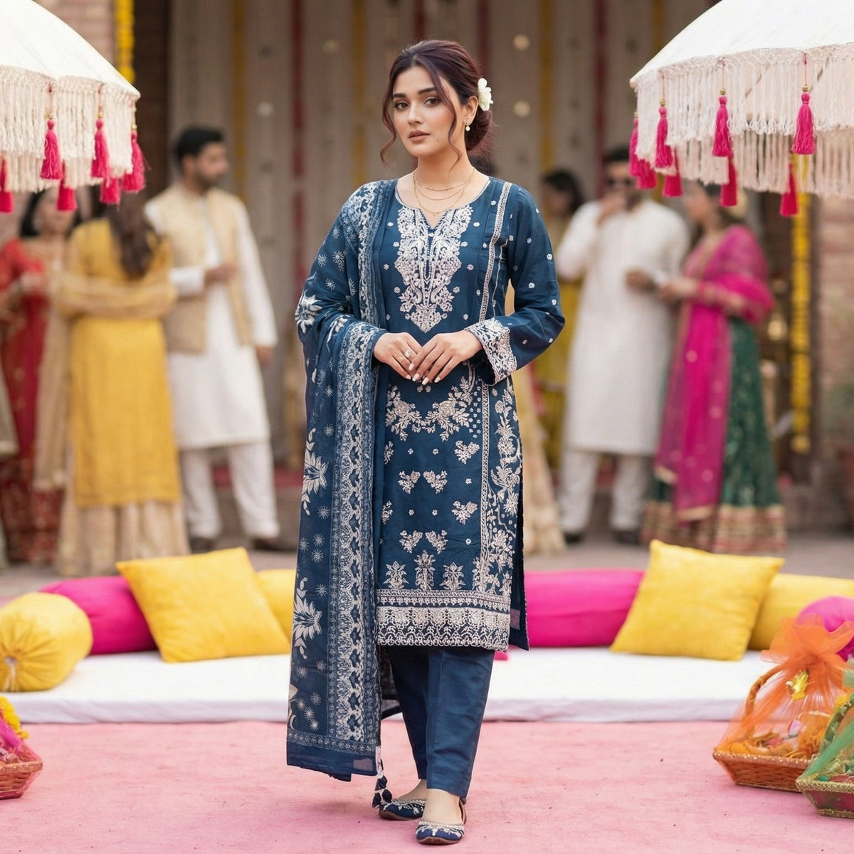 Twilight Indigo: Embroidered 3-Piece Cotton Lawn