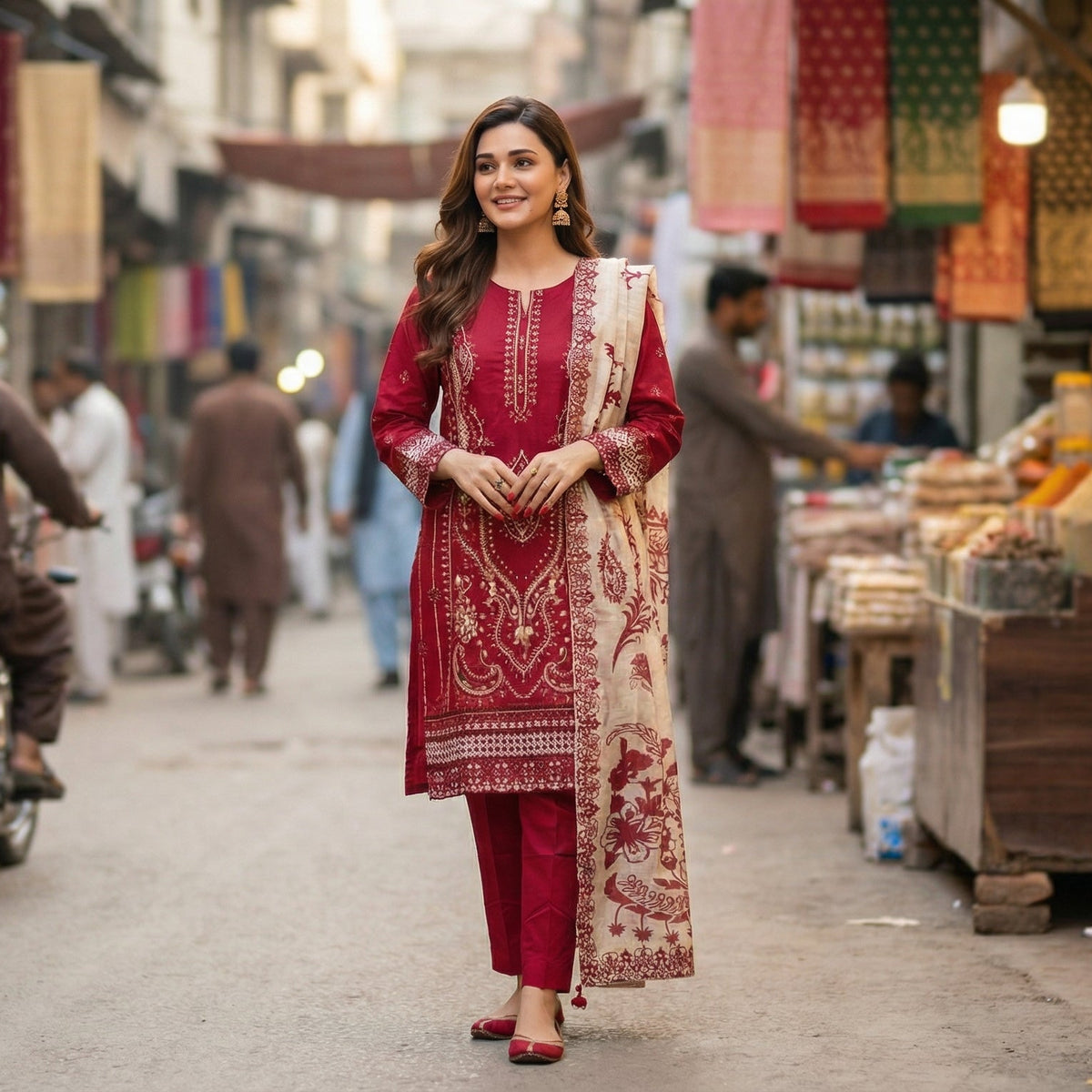 Scarlet Charm: Embroidered 3-Piece Cotton Lawn