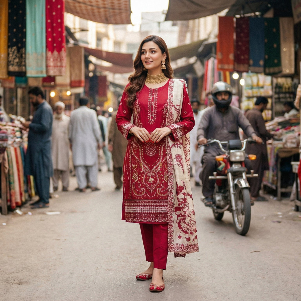 Scarlet Charm: Embroidered 3-Piece Cotton Lawn