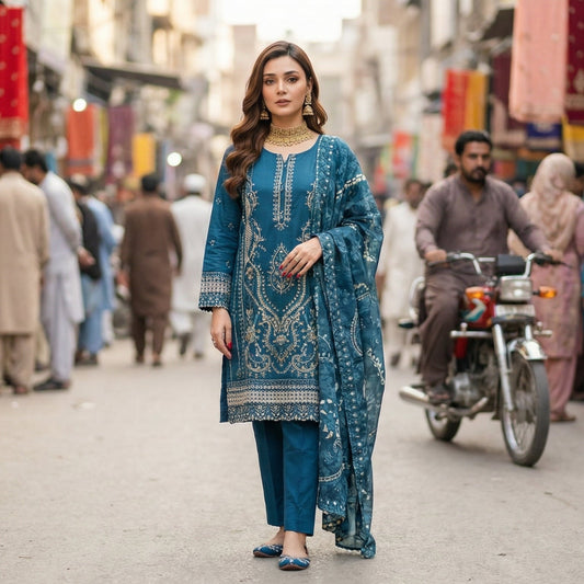 Peacock Dream: Embroidered 3-Piece Cotton Lawn