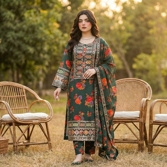 Mehar-Bano | Embroidered 3-Piece Cotton-Lawn