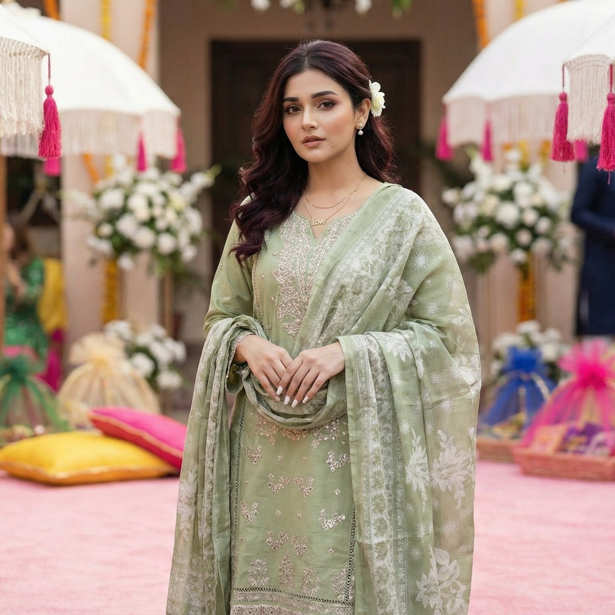 Celadon Shadow: Embroidered 3-Piece Cotton Lawn