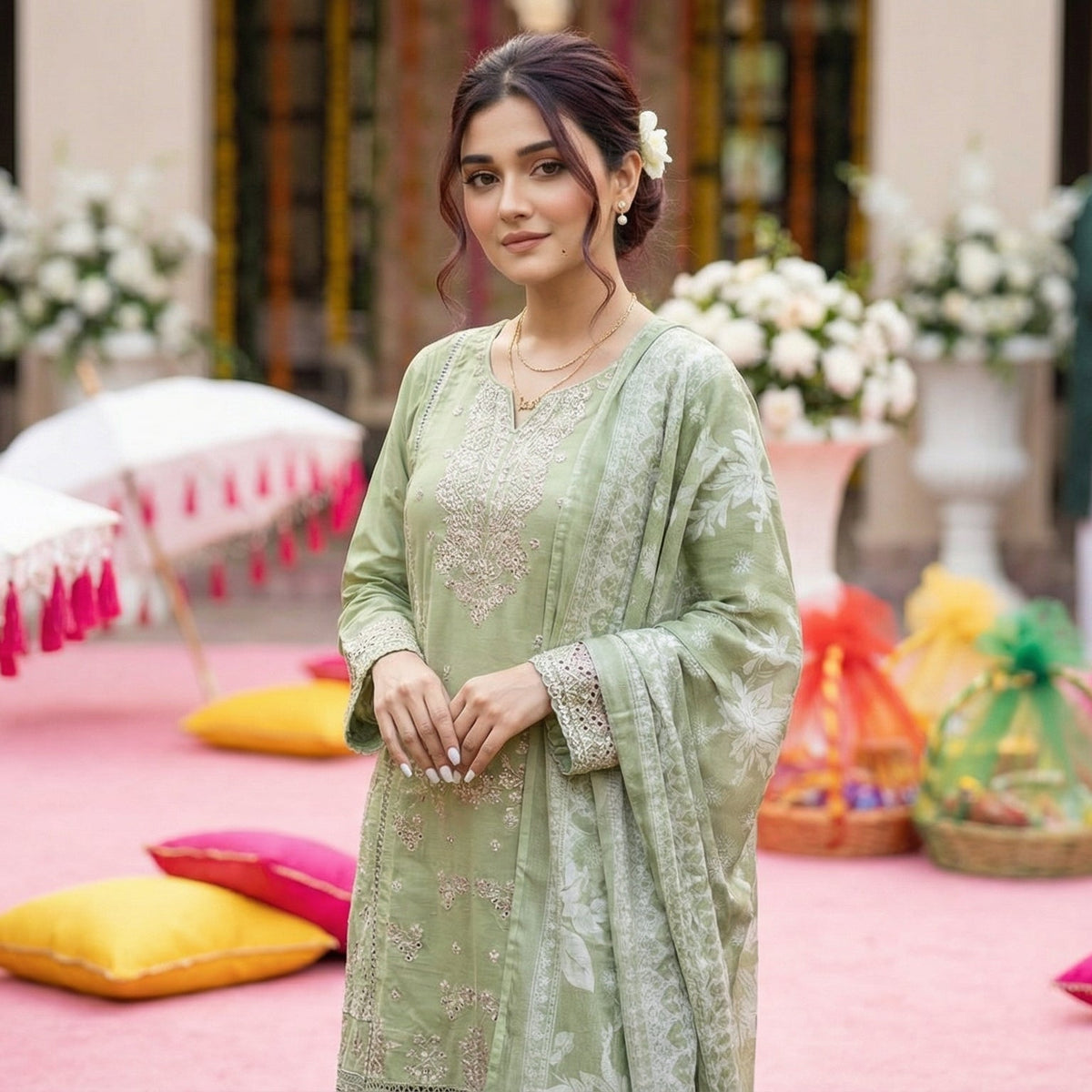 Celadon Shadow: Embroidered 3-Piece Cotton Lawn