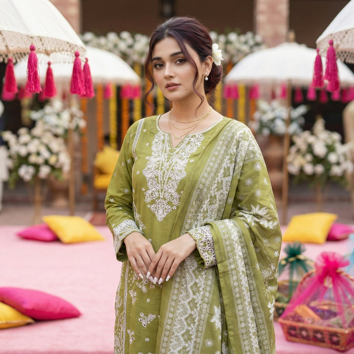 Agave Shade: Embroidered 3-Piece Cotton Lawn