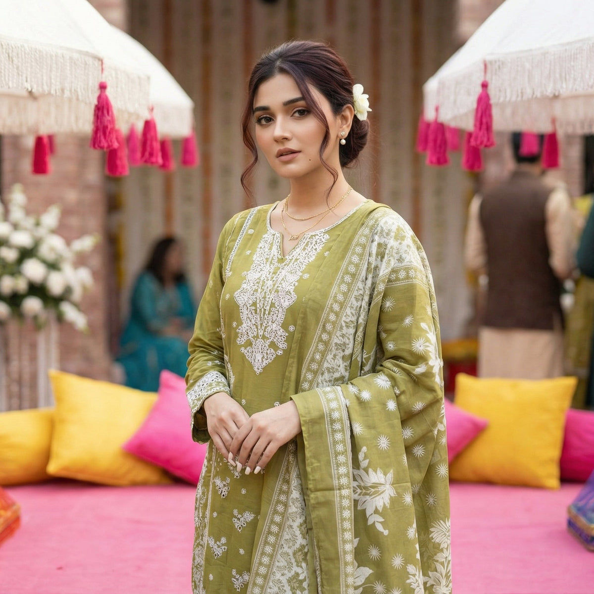 Agave Shade: Embroidered 3-Piece Cotton Lawn
