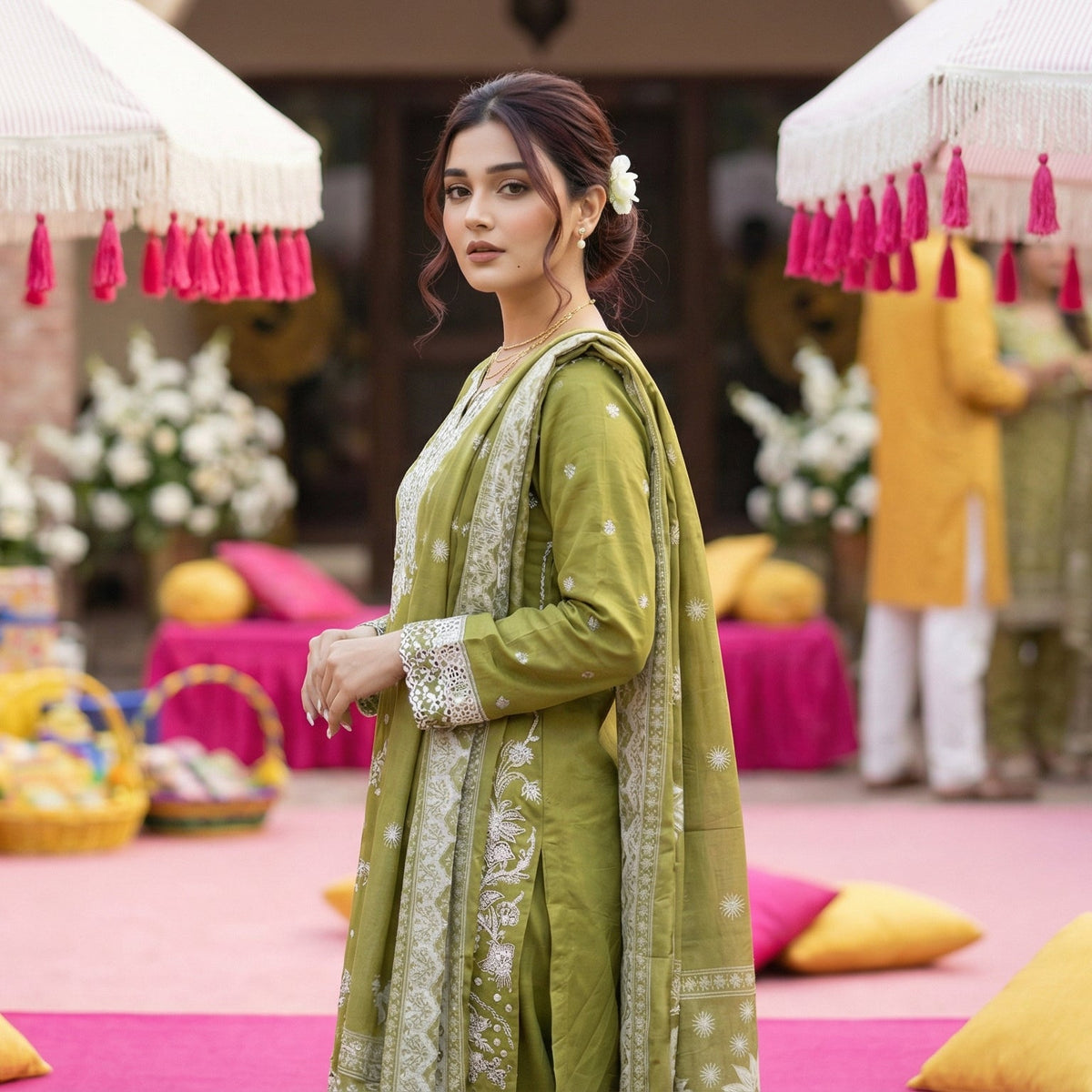 Agave Shade: Embroidered 3-Piece Cotton Lawn